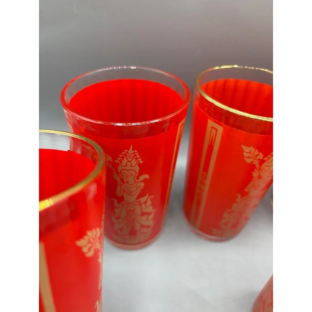 Vtg 60s Red‎ Gold Siam Thai Goddess High Ball Glasses 7 Pc Mid Century Barware